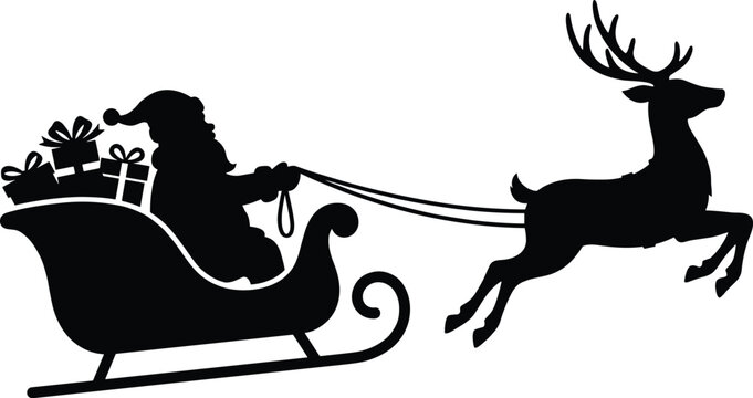 Silhouette of santa claus in a sleigh pulled by a reindeer on a white background