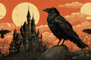 Naklejka premium Haunted castle with large black raven perched on rock under full moon and eerie orange sky, spooky Halloween atmosphere
