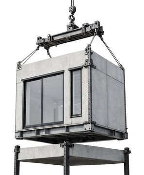 A prefabricated concrete modular building unit being lifted by a industrial heavy crane on a construction site transparent background
