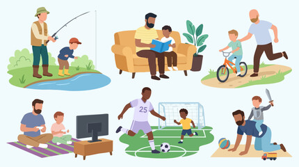 Fototapeta premium Fathers and sons bonding through diverse activities: fishing, reading, sports