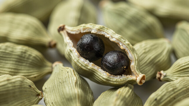 Green cardamom pods with one open pod revealing aromatic black seeds as a spice background