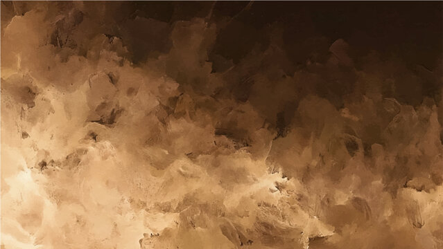 Abstract Watercolor Swirling ochre and sepia clouds abstract background with texture of cosmic nebula or volcanic ash with dramatic light and shadow.