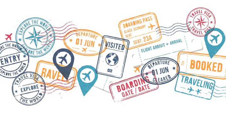 Set of colorful travel stamps and passport visa marks for vacation planning and tourism