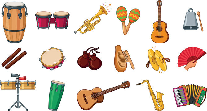 Latin and Traditional Musical Instrument Vector Icon Set with Conga, Bongo, Trumpet, Maracas, Acoustic Guitar, and Accordion for Festival, Carnival, and Concert Designs
