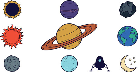 Solar System Planets and Outer Space Exploration Vector Icon Set with Astronomical Celestial Bodies for Science Education Infographics, Astronomy Textbooks, and Creative Sci-Fi Graphic Designs © EdGe Creative