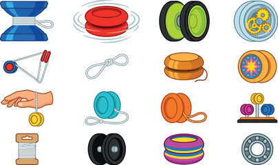 Colorful Yo Yo Toy and Diabolo Vector Icon Set with Classic Hobby Trick Symbols for Kids Birthday Party Favors, Nostalgic Retail Products, and Creative Graphic Designs