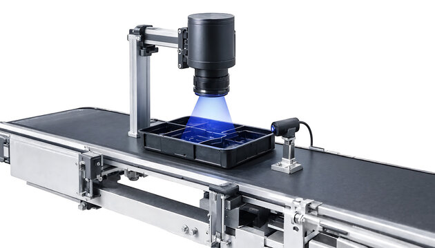 Industrial automated machine vision inspection system with blue light scanning plastic tray on conveyor belt transparent background