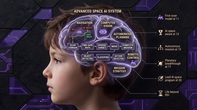Advanced holographic brain mapping and neural activity monitor displayed over child profile with hologram