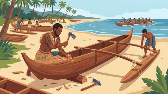 Man crafting traditional outrigger canoe on beach in Melanesia for cultural heritage