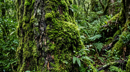 Obraz premium Lush green moss covering ancient forest tree trunk.