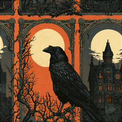 Naklejka premium Dark raven perched on twisted branches with full moon and haunted mansion in vintage Halloween style