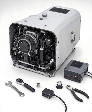 Industrial machinery engine component with maintenance tools and electronic control box on white background transparent background