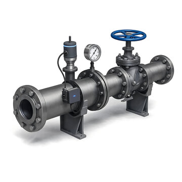 Industrial metal pipeline section with pressure gauge and electronic flow sensor on white background transparent background