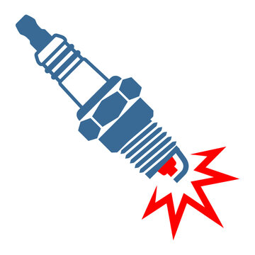 Spark plug vector icon featuring an automotive ignition plug emitting a red electric spark flash. Ideal flat graphic for auto repair, engine maintenance, mechanic services, and car parts shop UI.