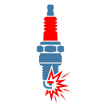 Spark plug vector icon featuring a vertical ignition plug with red insulator emitting an electric spark flash. Ideal flat graphic for auto repair, engine maintenance, and mechanic services UI.