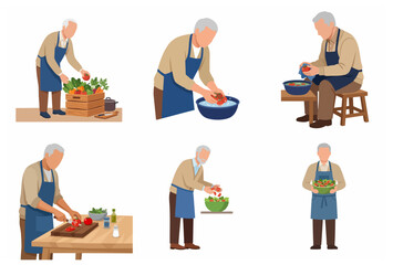 Fototapeta premium Senior man preparing a fresh healthy salad with tomatoes set of flat vector illustrations