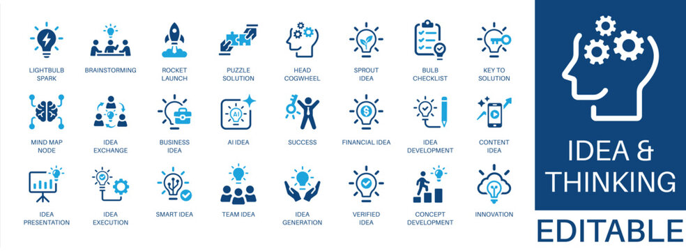 Idea and thinking solid icon set. Featuring brainstorming, innovation, business idea, idea generation, and concept development. Editable vector glyphs for business strategy and project planning.
