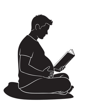 Black Silhouette of Expecting Father Sitting Cross Legged on Floor Reading Book with Hand on Belly, Peaceful Vector Illustration Depicting Fatherhood Preparation and Pregnancy Anticipation Concept Des