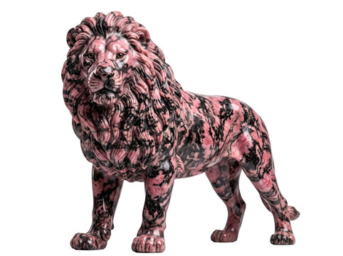 Decorative lion statue made of pink and black rhodonite stone isolated on white background
