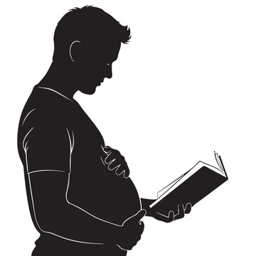 Black Silhouette of Expecting Father Standing in Profile with Hand Gently Placed on Belly, Minimalist Vector Illustration Depicting Sympathetic Pregnancy and Emotional Anticipation of Fatherhood Desig