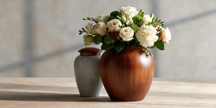 A beautiful bouquet of white roses and green foliage in a wooden vase, placed next to a grey urn. The scene is elegantly arranged with a softly lit, textured background.
