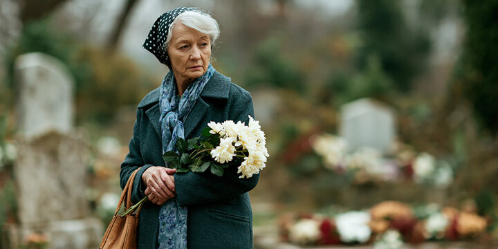 A sad elderly woman holding a bouquet of white flowers at a cemetery, looking into the distance. Her expression is one of grief and loss