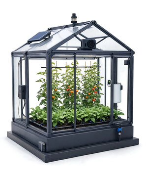Modern automated smart greenhouse with solar panel growing tomato plants indoors transparent background