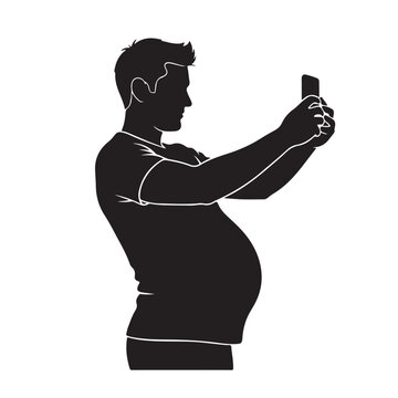 Minimalist Silhouette of Dad to Be Taking Selfie of Pregnant Belly with Smartphone, Black and White Vector Illustration Celebrating Fatherhood and Pregnancy Announcement Concept Design
