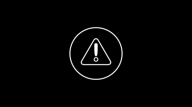 Video animation of Warning sign in circle black and white outline button, line icon vector illustration, triangle, warning sign, danger, caution, danger video animation.