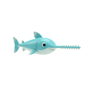 Cute 3D cartoon blue sawfish or shark character swimming, isolated on a transparent background