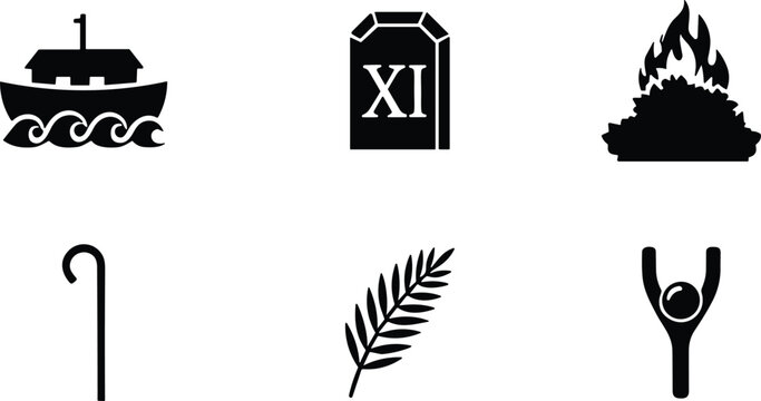 Biblical symbols icon set with Noah's ark commandments burning bush shepherd staff palm branch and slingshot