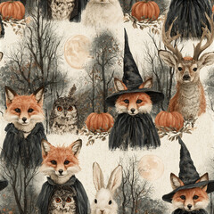 Naklejka premium Watercolor woodland animals with foxes in witch hats, owl, deer, rabbit, pumpkins, and spooky trees under full moon
