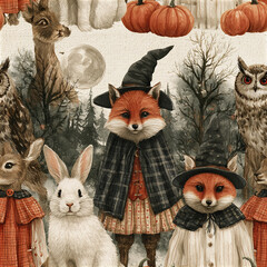 Naklejka premium Watercolor haunted woodland pattern with hand painted foxes, owl, rabbit, deer, pumpkins, and spooky forest background