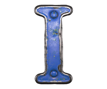 Blue scratched metal letter I with rivets