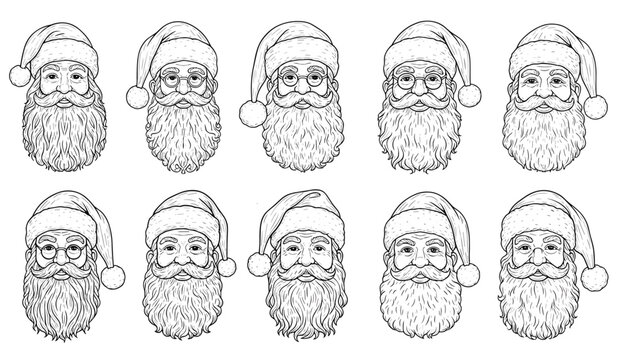 Set of various Santa Claus head illustrations with detailed beards and hats is presented in clean black and white line art style for holiday graphic work.