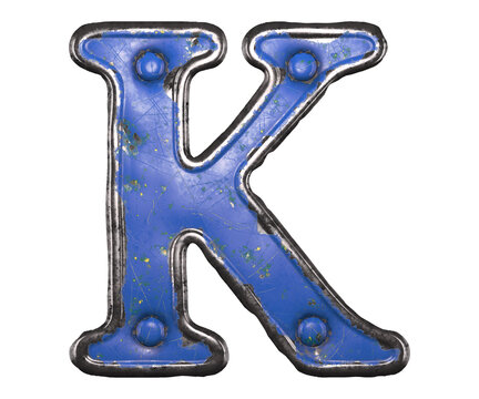 Blue scratched metal letter K with rivets