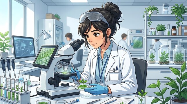 Scientist examining plant samples under a microscope in a modern laboratory setting
