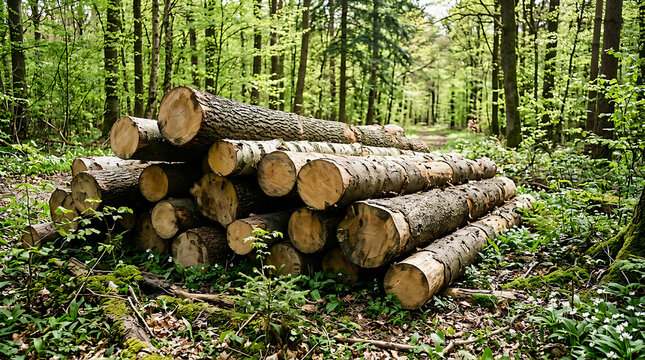 Stacked cut tree logs in a lush green forest.