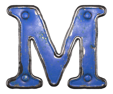 Blue scratched metal letter M with rivets