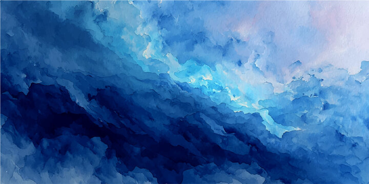 Abstract swirling blue and white cloudy sky watercolor painting with dramatic textures and ethereal wisps suggesting movement and tranquility.