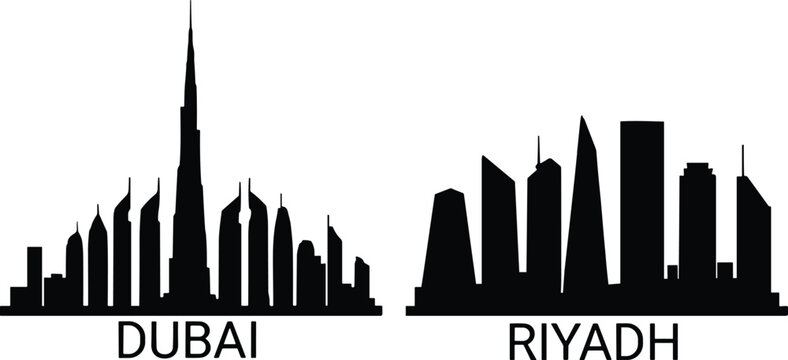 Dubai and Riyadh City Skyline Silhouette Collection with Modern Skyscrapers and Urban Architecture