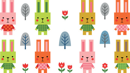 Fototapeta premium Geometric Rabbit Characters Vector Set with Colorful Square Pixel Art Bunnies and Forest Trees for Cute Textile Patterns and Children Stationary Designs
