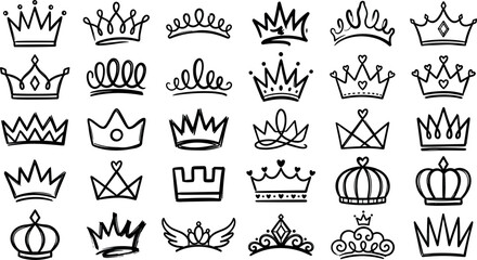 Hand Drawn Doodle Crown Icon Set with Royal Tiara Lines and King Queen Prince Princess Luxury Symbols for Creative Graphic Design Assets © Shuvo
