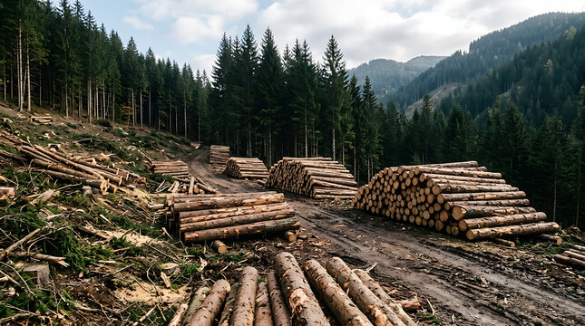 Stacked logs in a deforested mountain forest area.