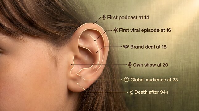 Human ear anatomy diagram and acupuncture pressure points chart overlaid on a profile shot of a young