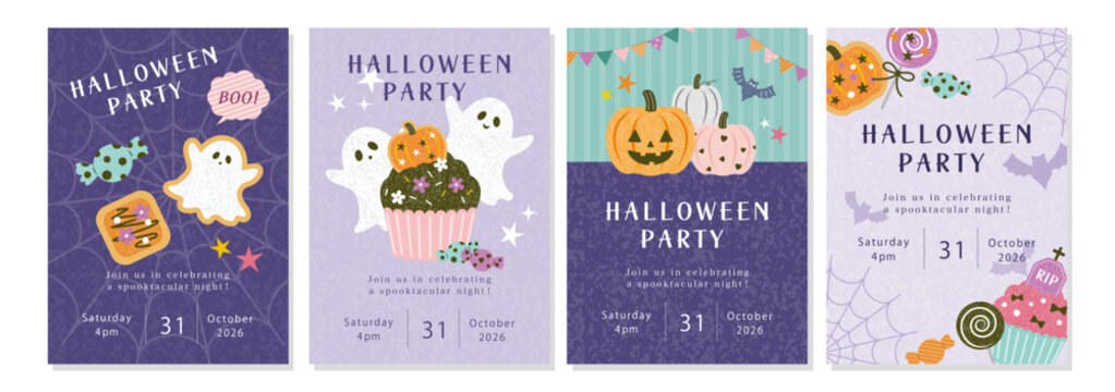 Halloween party invitation set with cute Halloween cupcakes, pumpkins, ghosts, and candies. Halloween flyers and advertisements.