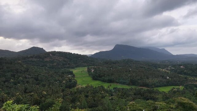 Breathtaking aerial view of lush green mountains and terraced paddy fields in Matale, Sri Lanka. Serene tropical nature landscape from a drone.
