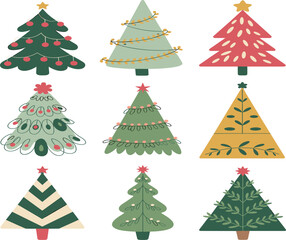 Obraz premium Minimalist Christmas Tree Vector Icon Set with Cute Abstract Pine Trees and Holiday Ornaments for Winter Season Greeting Cards Graphic Designs