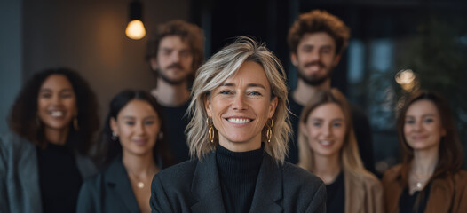 Fototapeta premium Diverse business team smiling together in a modern office, showing teamwork, smart casual style, and startup workplace culture.