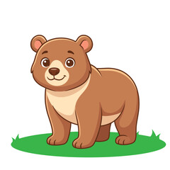 Fototapeta premium A happy cute bear standing on green grass isolated on a white background for children design projects